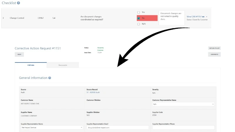 Image of Net-Inspect manufacturing audit software, corrective action generated from quality audit software